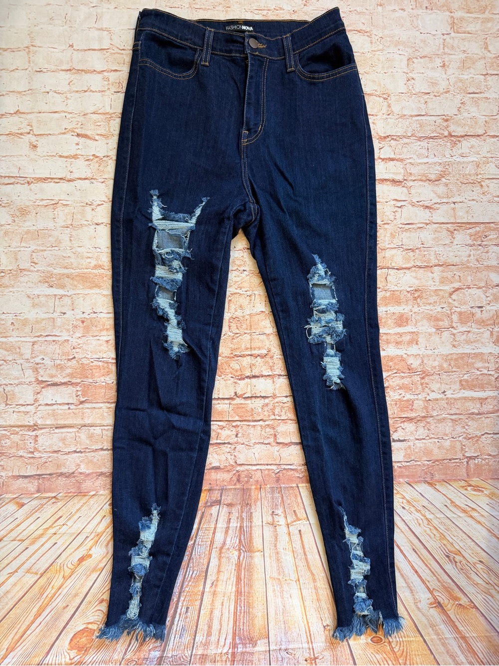 Fashion Nova Dark Indigo Distressed Skinny Jeans